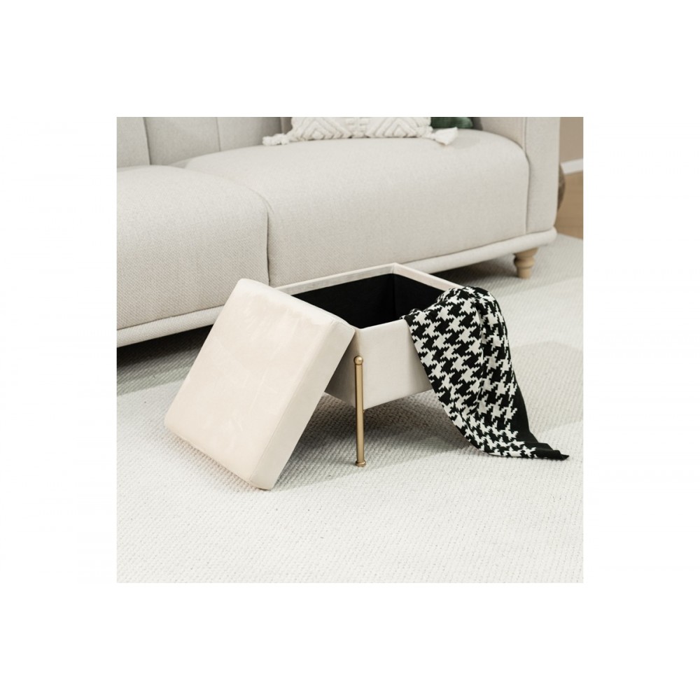 Σκαμπό-μπαούλο "PANTON" από βελούδο/μέταλλο σε κρεμ/χρυσό χρώμα 40x40x36,5