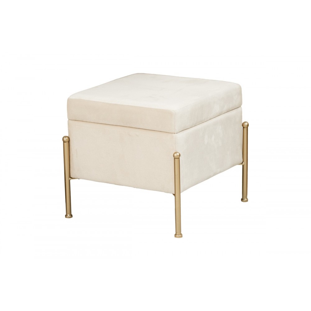Σκαμπό-μπαούλο "PANTON" από βελούδο/μέταλλο σε κρεμ/χρυσό χρώμα 40x40x36,5