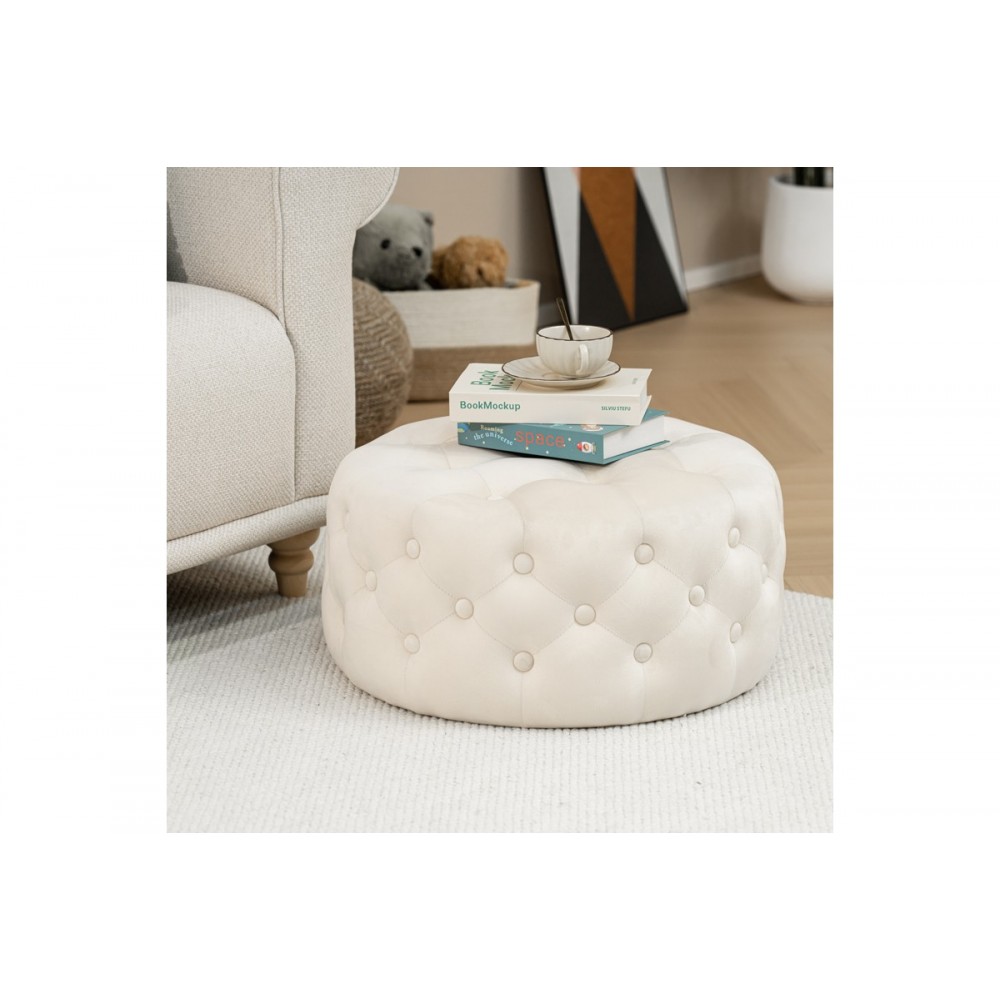 Σκαμπό πουφ "FERDIA" από βελούδο σε κρεμ χρώμα Φ59x28.5