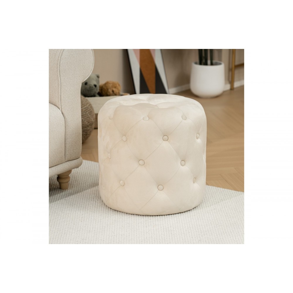 Σκαμπό-πουφ "SEVAL" από βελούδο σε κρεμ χρώμα Φ49x47