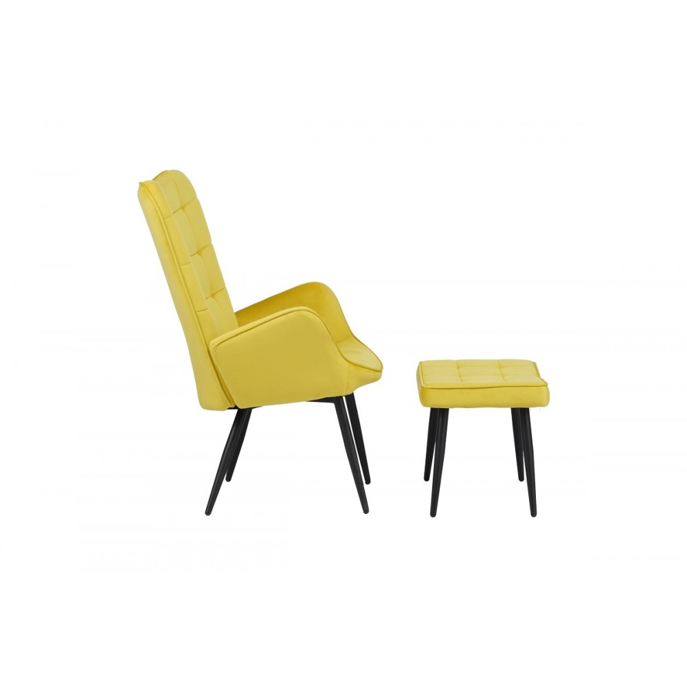 Πολυθρόνα με υποπόδιο "DORITA" από βελούδο/μέταλλο σε κίτρινο/μαύρο χρώμα 68.5x76x103