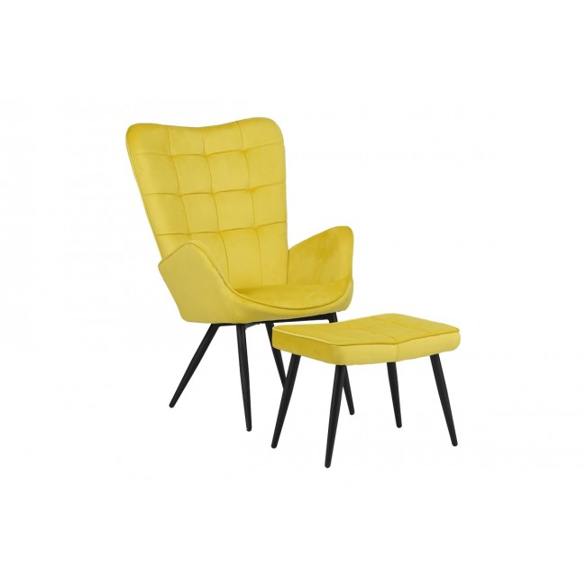 Πολυθρόνα με υποπόδιο "DORITA" από βελούδο/μέταλλο σε κίτρινο/μαύρο χρώμα 68.5x76x103