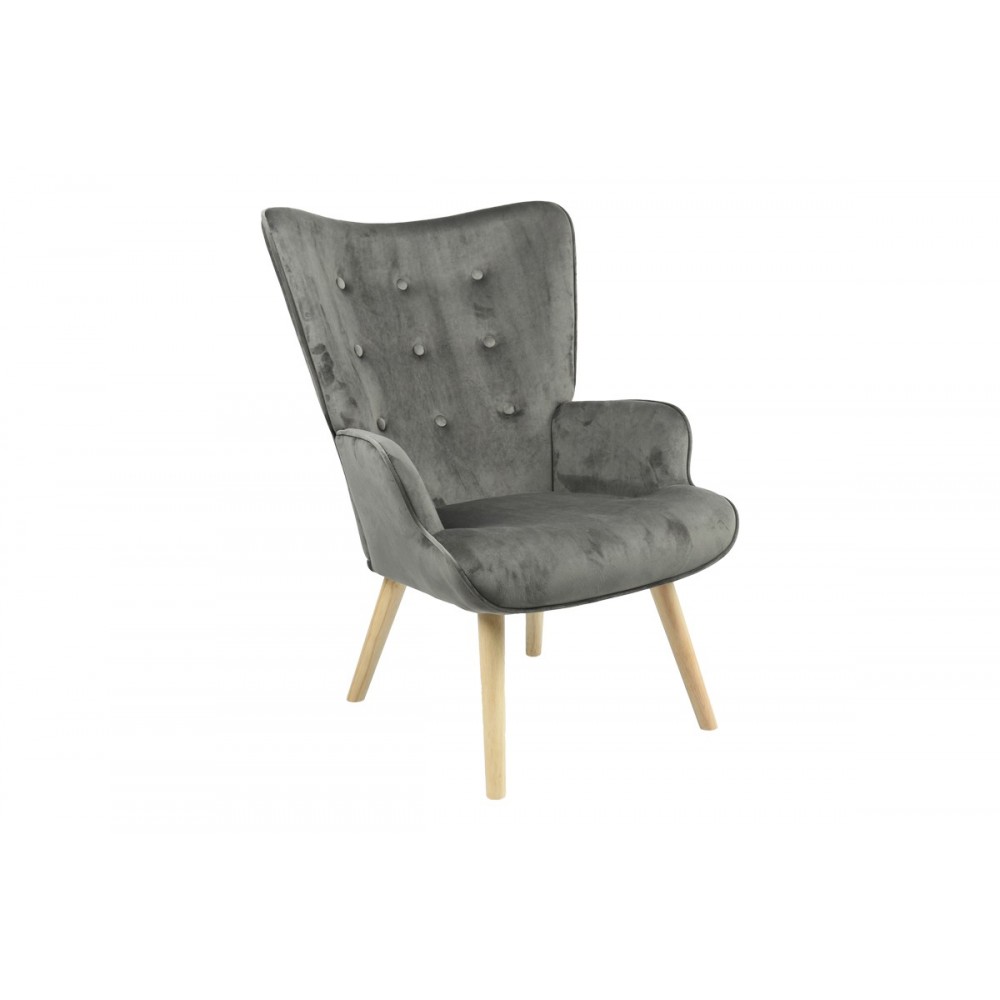 Πολυθρόνα "FLUFFY" από βελούδο/ξύλο σε ανθρακί/φυσικό χρώμα 75x69x96