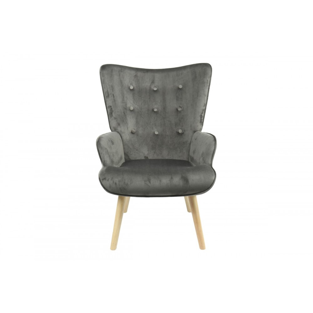 Πολυθρόνα "FLUFFY" από βελούδο/ξύλο σε ανθρακί/φυσικό χρώμα 75x69x96