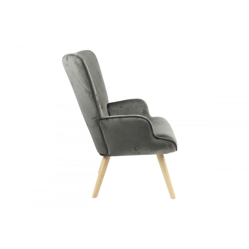 Πολυθρόνα "FLUFFY" από βελούδο/ξύλο σε ανθρακί/φυσικό χρώμα 75x69x96