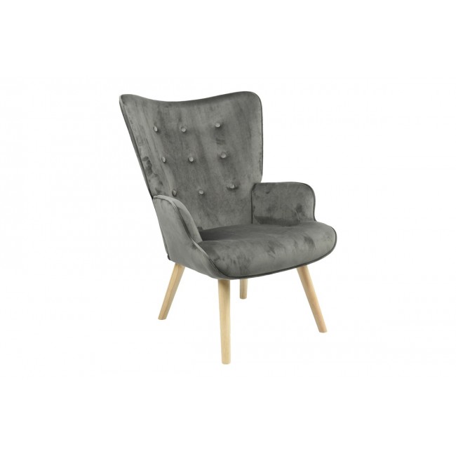 Πολυθρόνα "FLUFFY" από βελούδο/ξύλο σε ανθρακί/φυσικό χρώμα 75x69x96