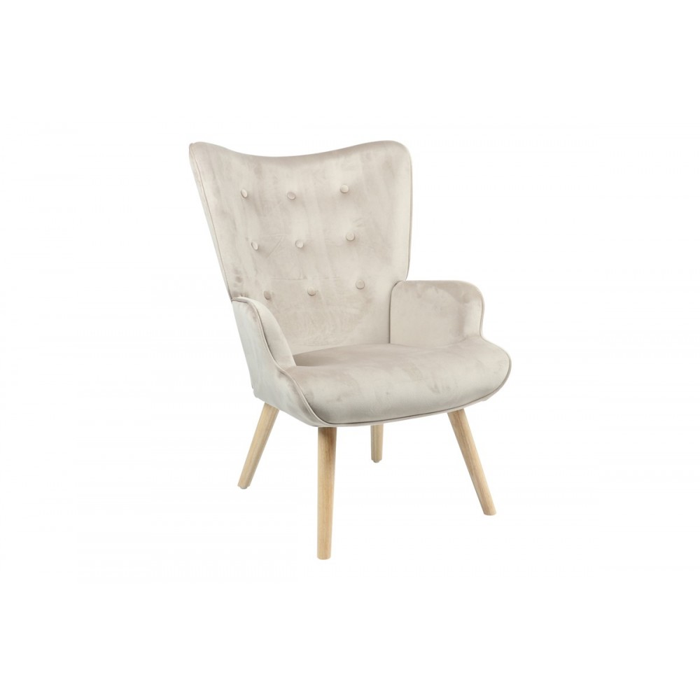 Πολυθρόνα "FLUFFY" από βελούδο/ξύλο σε μπεζ/φυσικό χρώμα 75x69x96