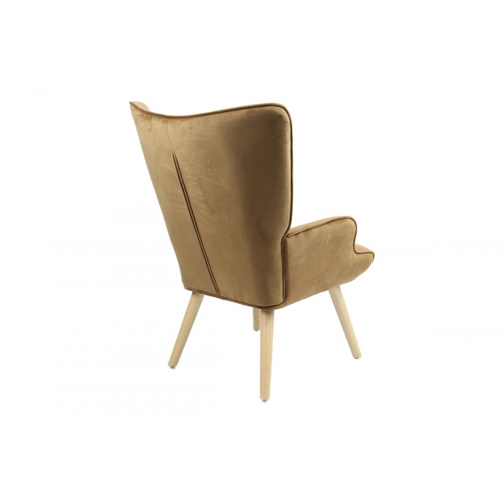 Πολυθρόνα "FLUFFY" από βελούδο/ξύλο σε ταμπά/φυσικό χρώμα 75x69x96