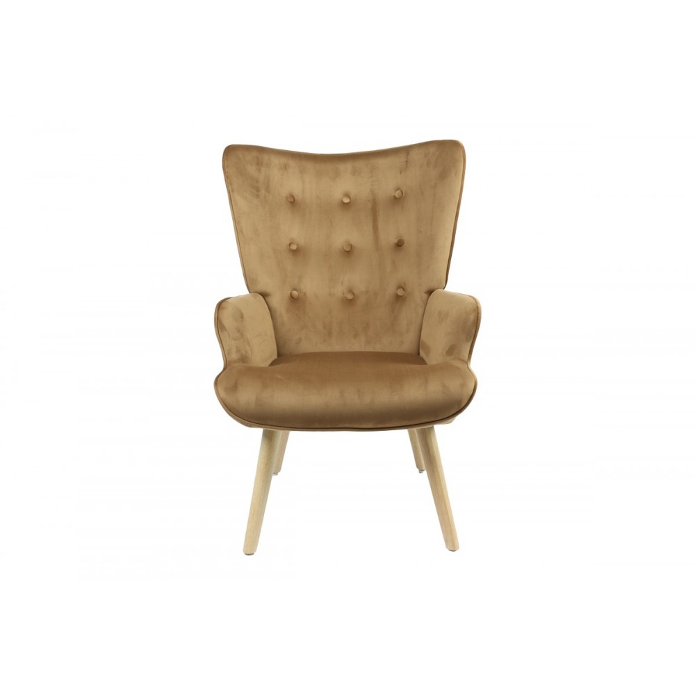 Πολυθρόνα "FLUFFY" από βελούδο/ξύλο σε ταμπά/φυσικό χρώμα 75x69x96