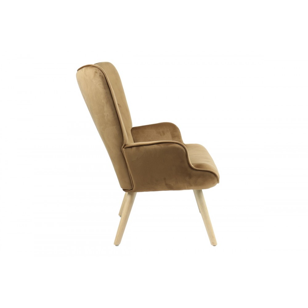 Πολυθρόνα "FLUFFY" από βελούδο/ξύλο σε ταμπά/φυσικό χρώμα 75x69x96