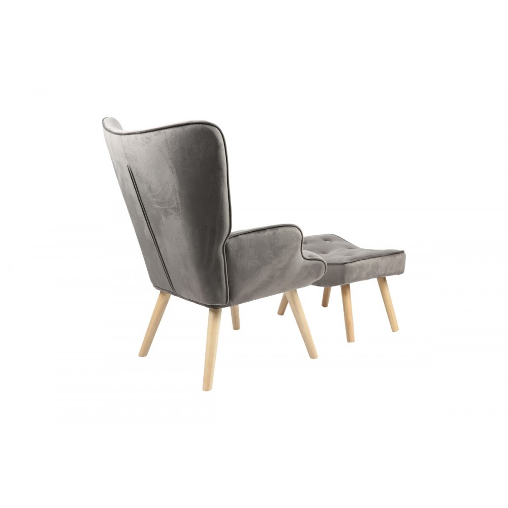 Πολυθρόνα με υποπόδιο "VIVIENNE" από βελούδο/ξύλο σε ανθρακί/φυσικό χρώμα 75x69x96