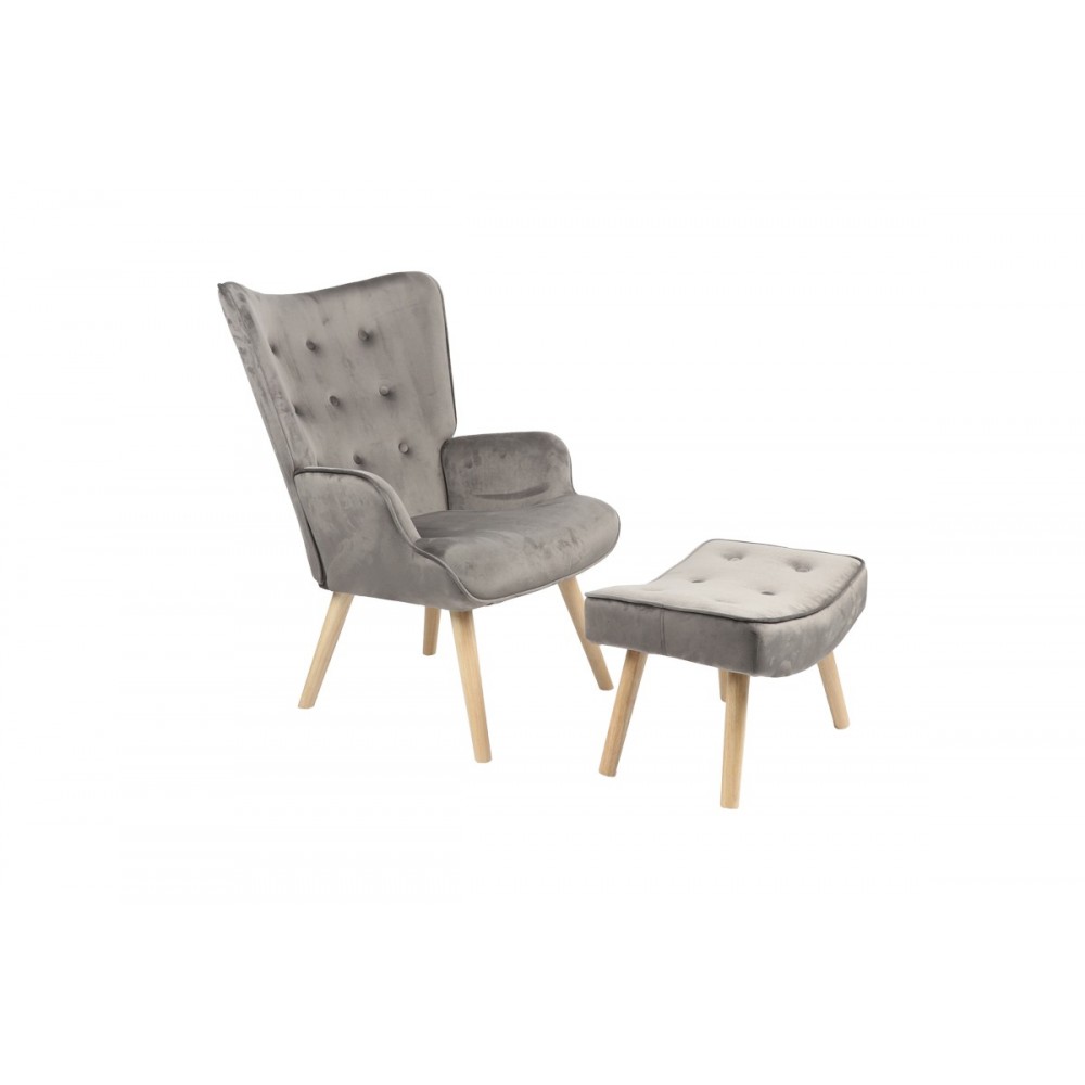 Πολυθρόνα με υποπόδιο "VIVIENNE" από βελούδο/ξύλο σε ανθρακί/φυσικό χρώμα 75x69x96