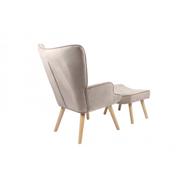 Πολυθρόνα με υποπόδιο "VIVIENNE" από βελούδο/ξύλο σε μπεζ/φυσικό χρώμα 75x69x96