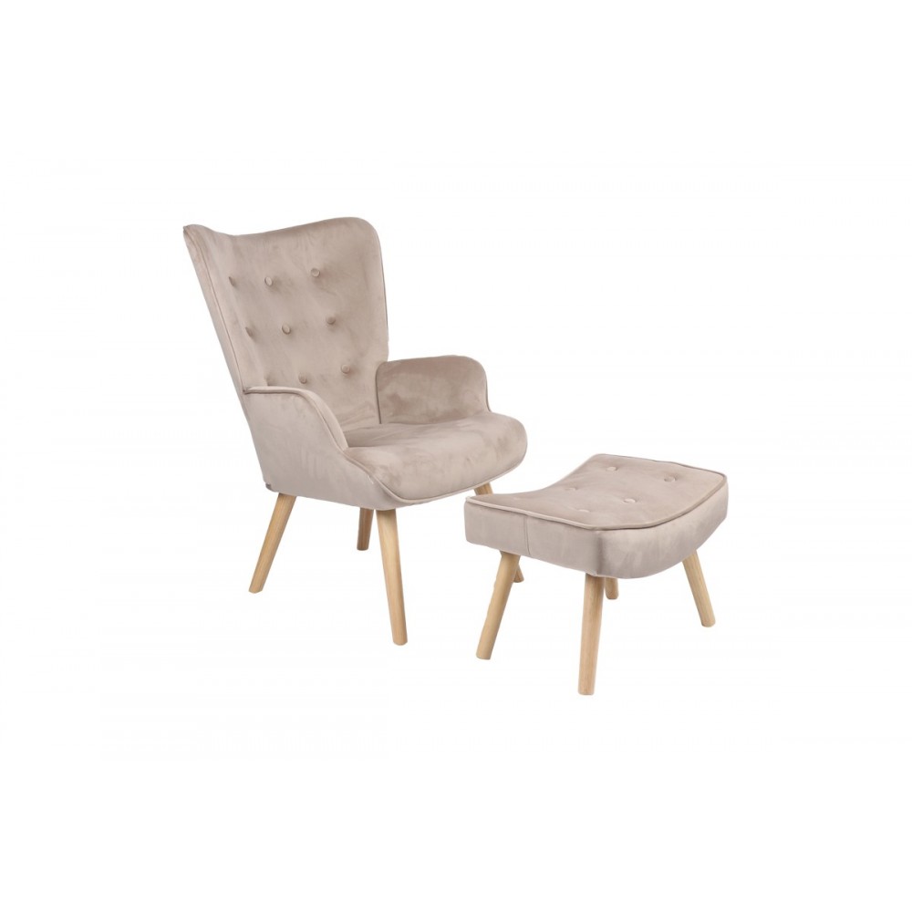 Πολυθρόνα με υποπόδιο "VIVIENNE" από βελούδο/ξύλο σε μπεζ/φυσικό χρώμα 75x69x96
