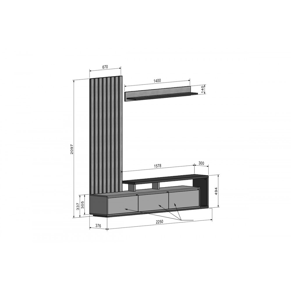 Σύνθετο σαλονιού "CLAIRONSE" σε φυσικό/ανθρακί χρώμα 225x37.6x210