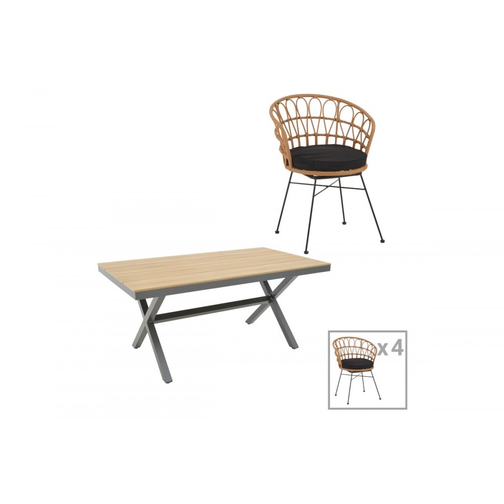 Τραπεζαρία 5τμχ "THORIO-FELICIA" από αλουμίνιο/rattan σε ανθρακί/φυσικό χρώμα 160x90x75