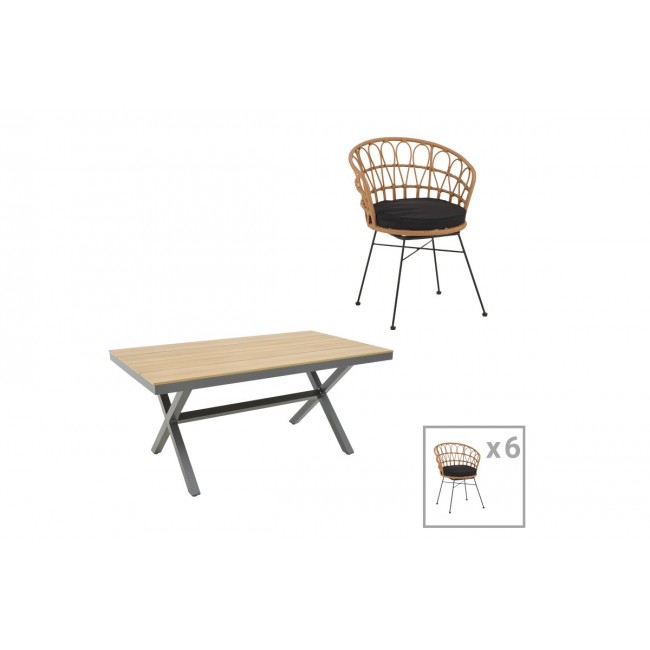 Τραπεζαρία 7τμχ "THORIO-FELICIA" από αλουμίνιο/rattan σε ανθρακί/φυσικό χρώμα 160x90x75