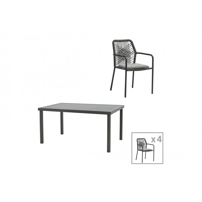 Τραπεζαρία 5τμχ "KHERSON-KLITON A" από αλουμίνιο/σχοινί σε ανθρακί χρώμα 150x80x74