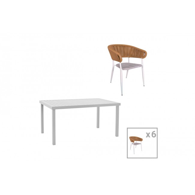 Τραπεζαρία 7τμχ "KLITON-RAVEN" από αλουμίνιο/rattan σε λευκό/φυσικό χρώμα 150x80x74