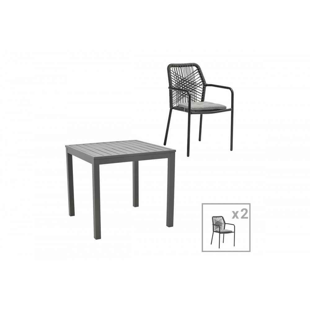 Τραπεζαρία 3τμχ "KLITON-KHERSON" από αλουμίνιο/σχοινί σε ανθρακί χρώμα 80x80x74