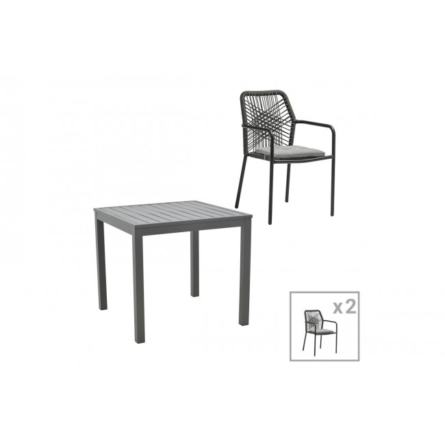 Τραπεζαρία 3τμχ "KLITON-KHERSON" από αλουμίνιο/σχοινί σε ανθρακί χρώμα 80x80x74