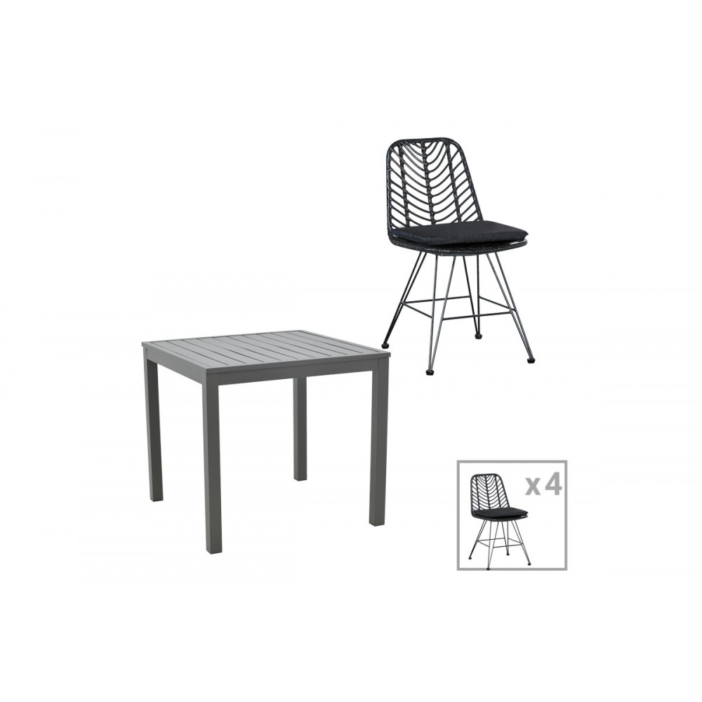 Τραπεζαρία 5τμχ "KLITON-NAOKI" από αλουμίνιο/rattan σε ανθρακί/μαύρο χρώμα 80x80x74