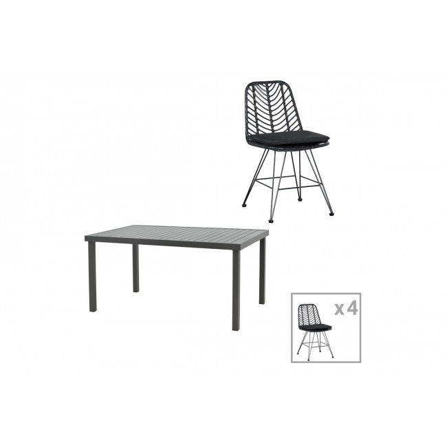 Τραπεζαρία 5τμχ "NAOKI-KLITON I" από αλουμίνιο/rattan σε ανθρακί/μαύρο χρώμα 150x80x74