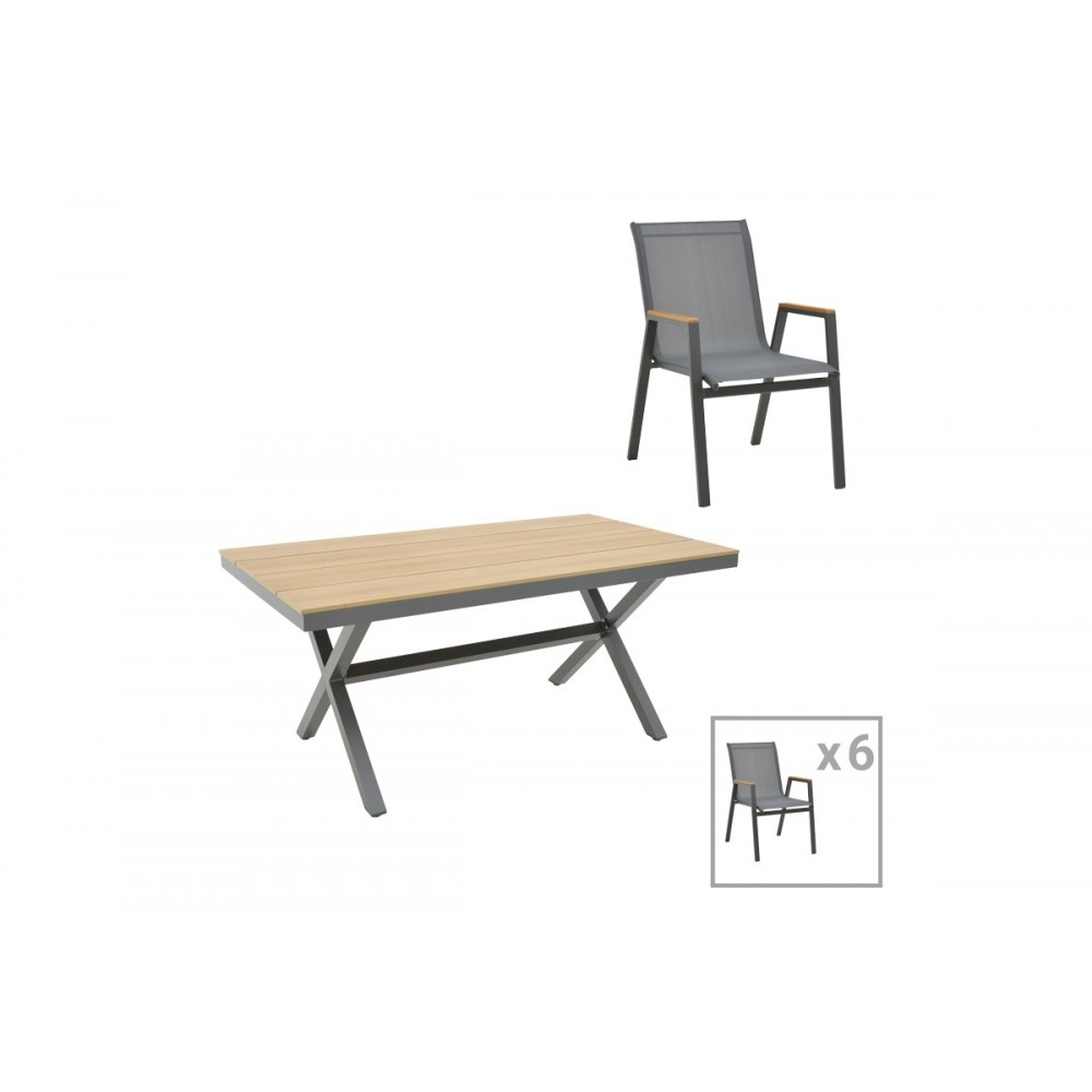 Τραπεζαρία 7τμχ "THORIO-AZELIE" από αλομίνιο/plywood από ανθρακί/φυσικό χρώμα 160x90x75