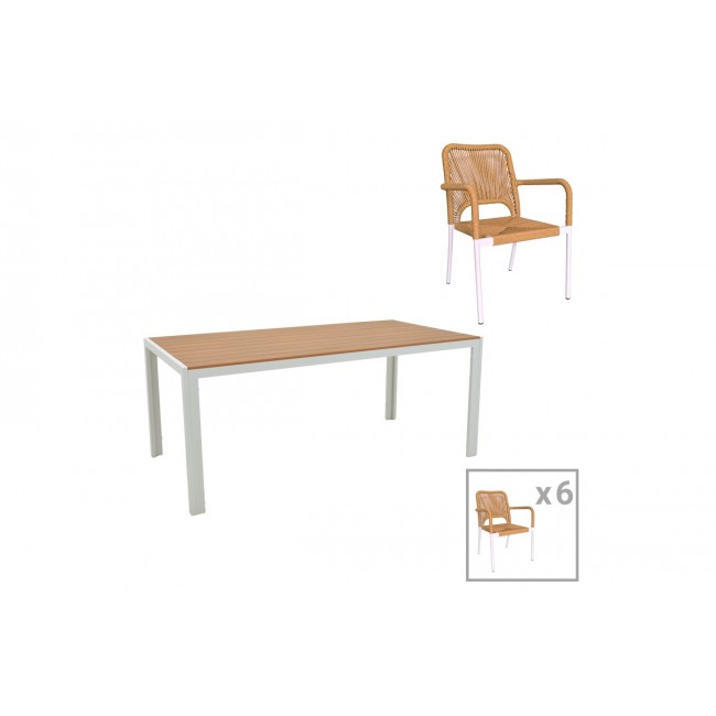 Τραπεζαρία 7τμχ "NARES-NORTURE B" από αλουμίνιο/rattan σε λευκό/φυσικό χρώμα 180x90x72.5