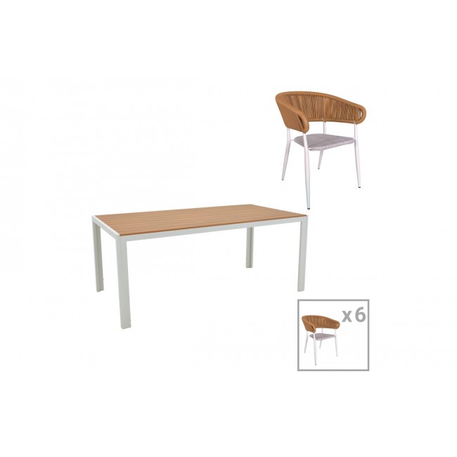 Τραπεζαρία 7τμχ "NARES-RAVEN B" από αλουμίνιο/rattan σε λευκό/φυσικό χρώμα 180x90x72.5