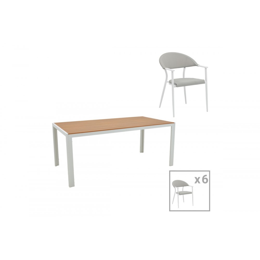 Τραπεζαρία 7τμχ "NARES-PINO B" από αλουμίνιο/plywood σε λευκό/φυσικό χρώμα 180x90x72.5