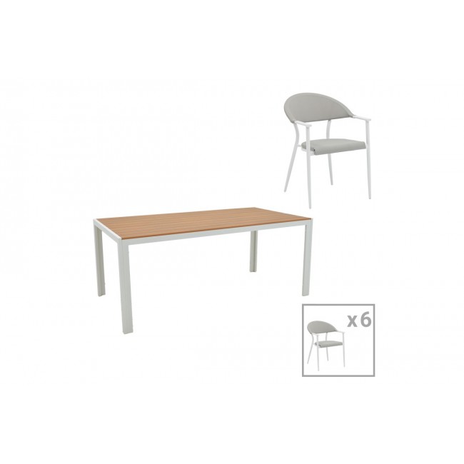 Τραπεζαρία 7τμχ "NARES-PINO B" από αλουμίνιο/plywood σε λευκό/φυσικό χρώμα 180x90x72.5