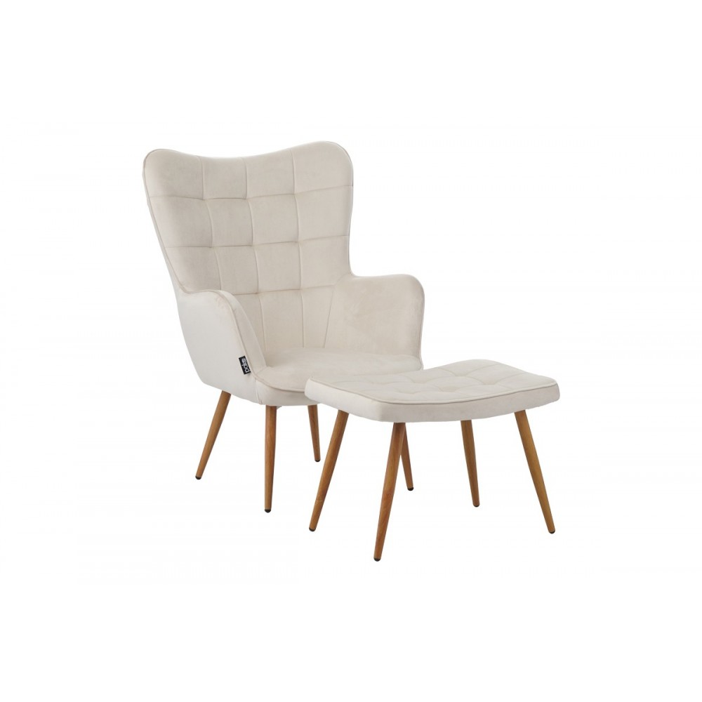 Πολυθρόνα με υποπόδιο "MADDISON" από βελούδο/μέταλλο σε κρεμ/φυσικό χρώμα 68x72x98