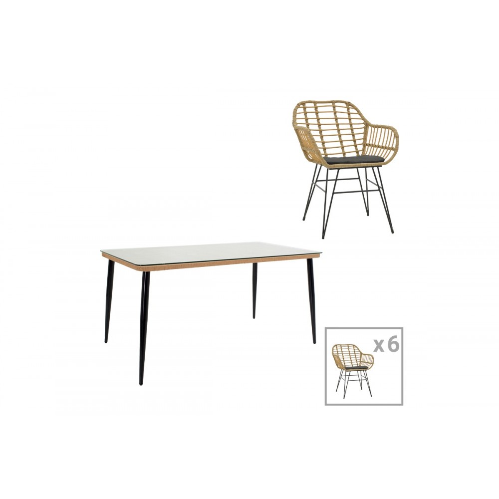 Τραπεζαρία 7τμχ "NAOKI X" από pe rattan/μέταλλο σε φυσικό/μαύρο χρώμα 160x90x78