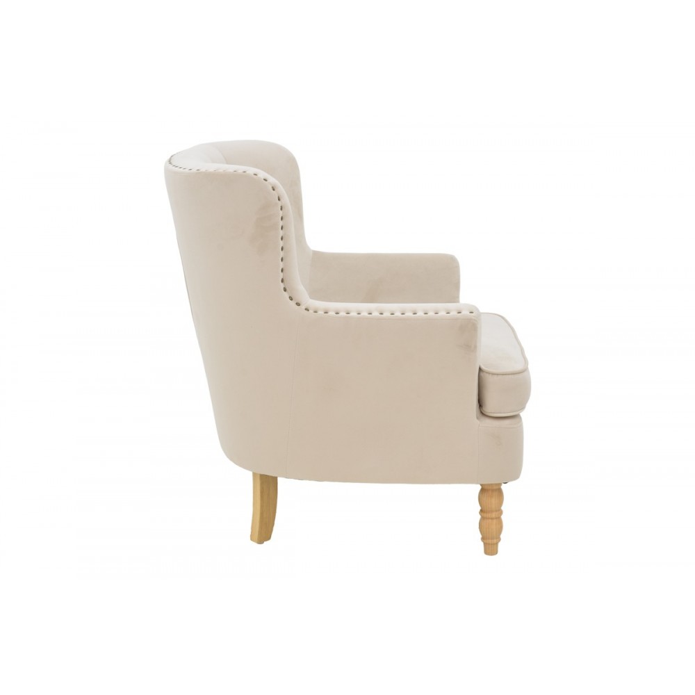 Πολυθρόνα "KEISI" από ξύλο/βελούδο σε χρώμα κρεμ 81.5x84x92.5