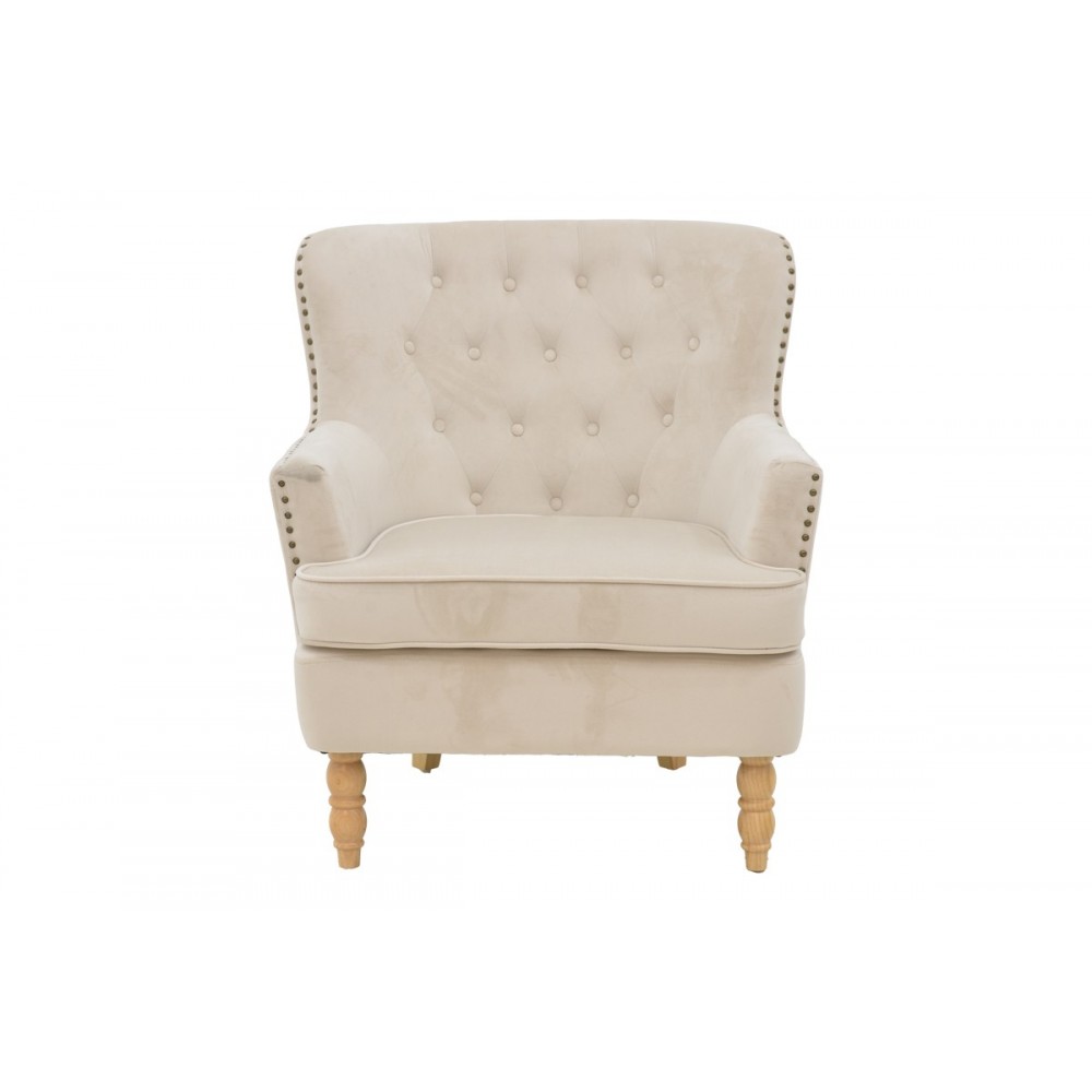 Πολυθρόνα "KEISI" από ξύλο/βελούδο σε χρώμα κρεμ 81.5x84x92.5