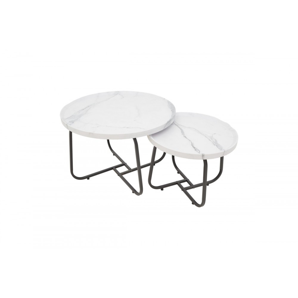 Tραπέζια σαλονιού 2τμχ "CRISMORY" από mdf/μέταλλο σε λευκό μαρμάρου/μαύρο χρώμα Φ70x46.5