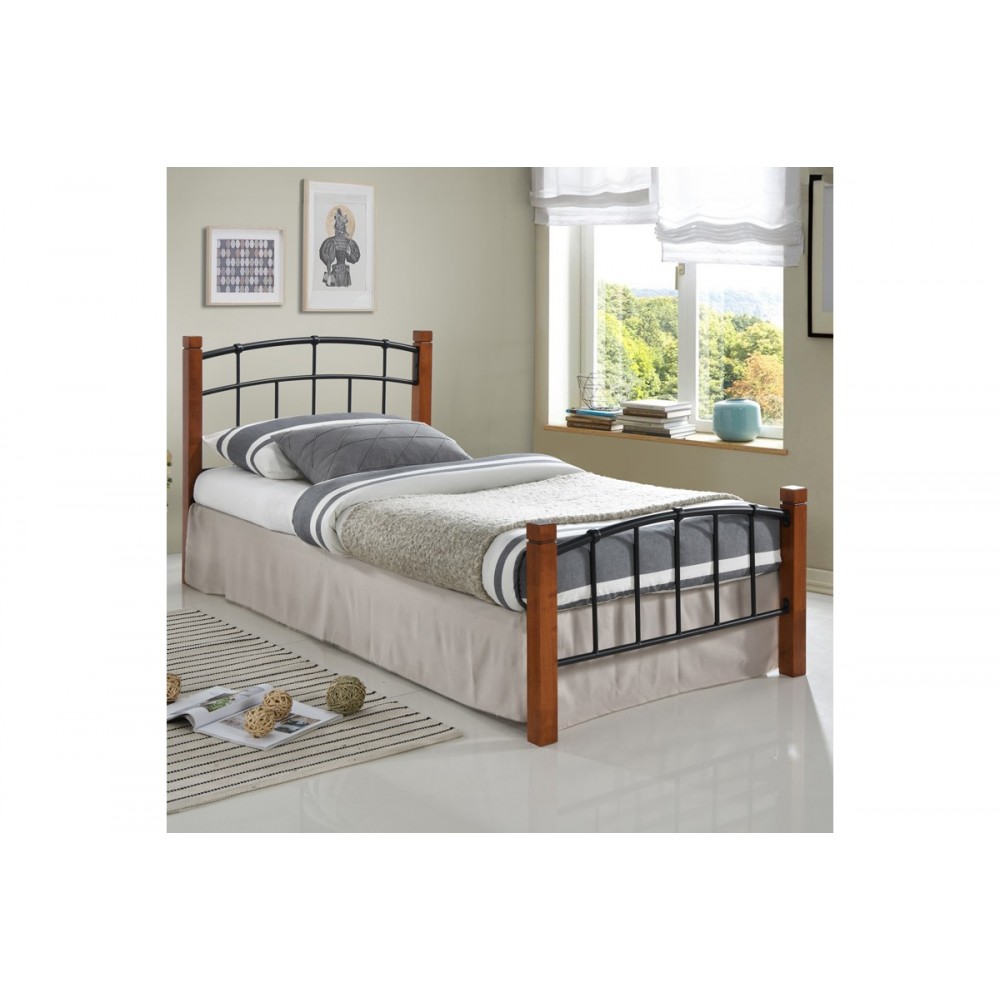 Κρεβάτι μονό "MANDY" από rubberwood/μέταλλο σε καρυδί/μαύρο χρώμα 95x190x89