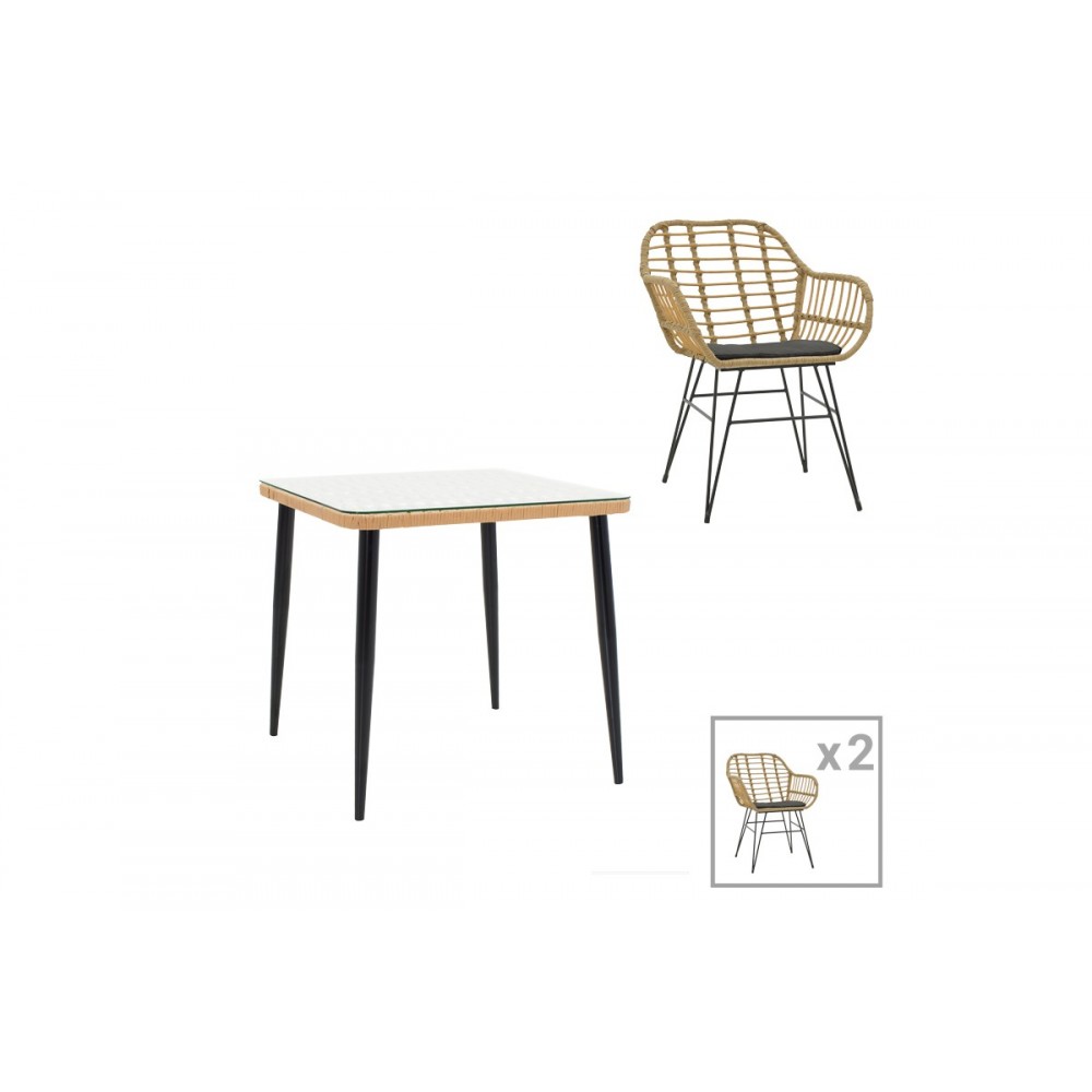 Τραπεζαρία "NAOKI V" 3τμχ από rattan/μέταλλο σε φυσικό/μαύρο χρώμα 80x80x78