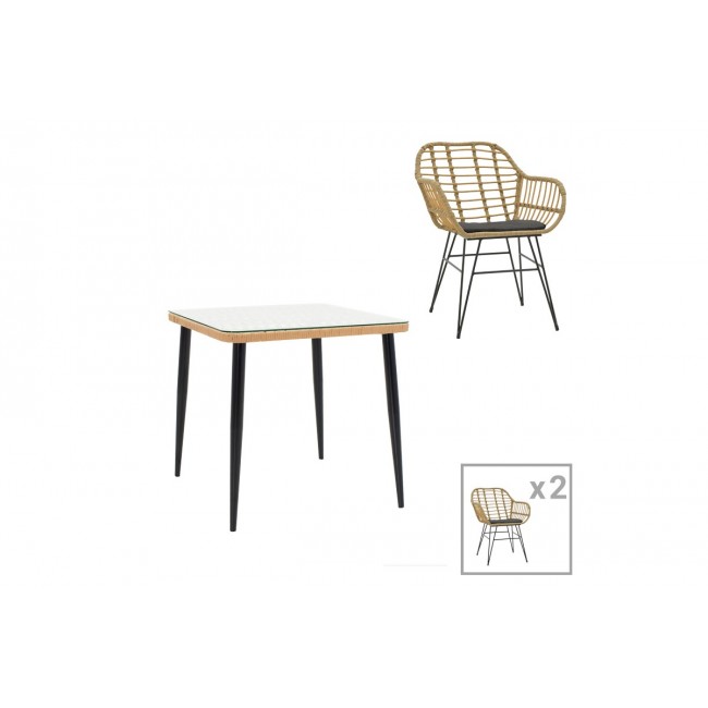 Τραπεζαρία "NAOKI V" 3τμχ από rattan/μέταλλο σε φυσικό/μαύρο χρώμα 80x80x78