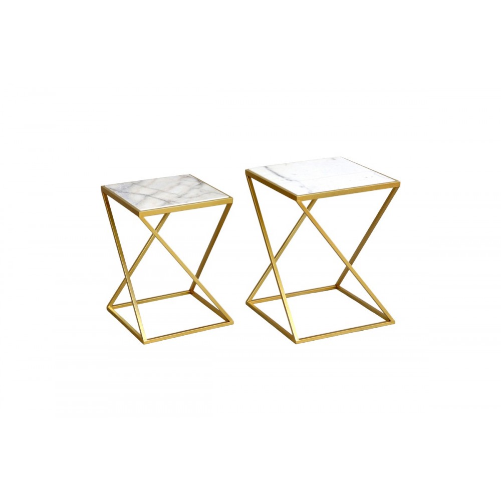 Βοηθητικά τραπέζια 2τμχ "ZOLIENE" από μάρμαρο/μέταλλο σε λευκό μαρμάρου/χρυσό χρώμα 40x40x53