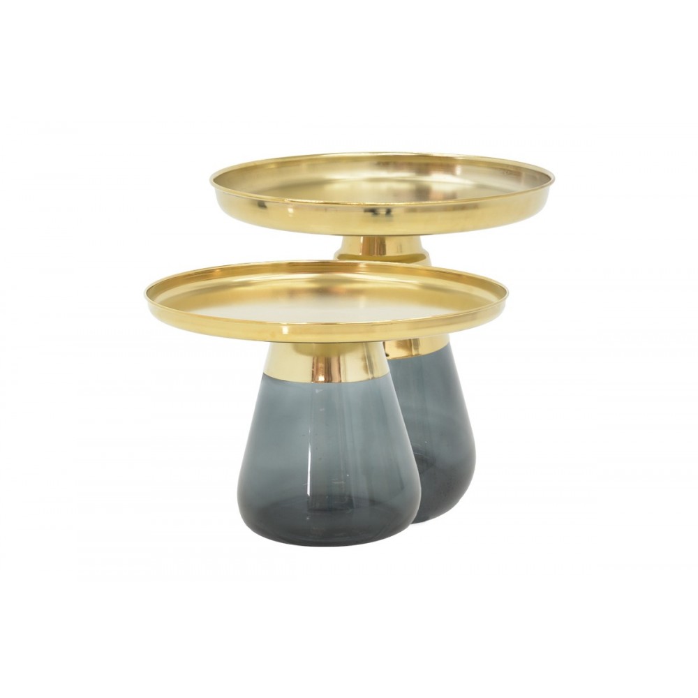 Σετ τραπέζια 2τμχ "KUNLO" από μέταλλο/γυαλί σε χρυσό/μαύρο χρώμα Φ50x53.5