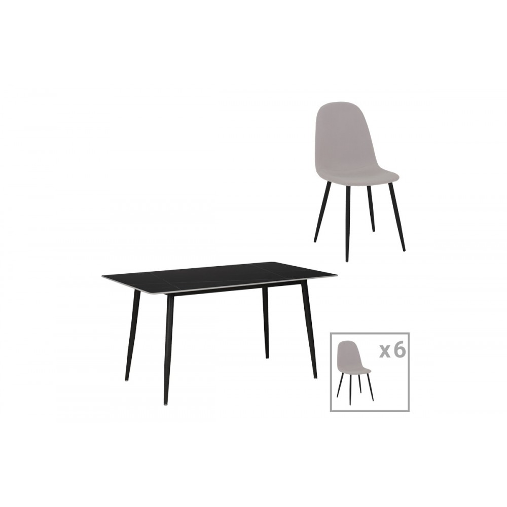 Τραπεζαρία 7τμχ "GUSTAS-BELLA" από sintered stone/ύφασμα σε μαύρο μαρμάρου/γκρι χρώμα 160x80x75