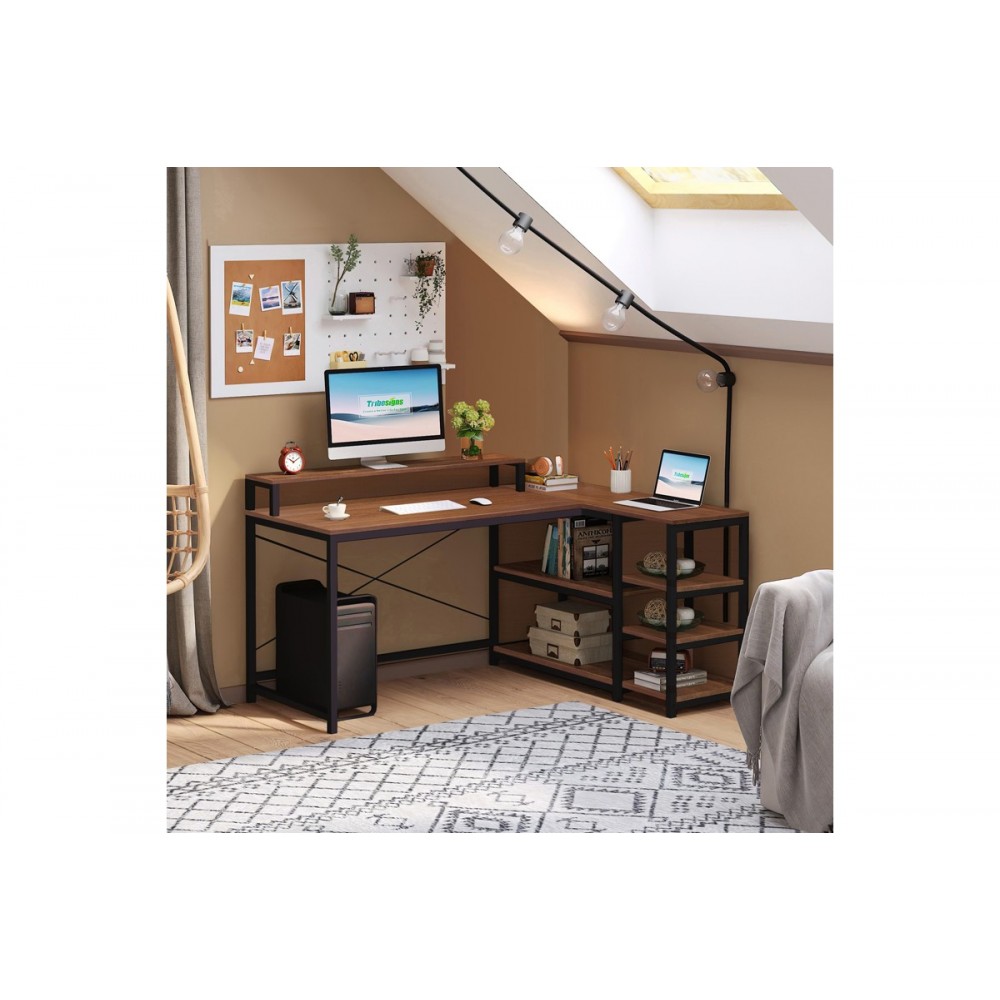 Γραφείο γωνιακό αναστρέψιμο "TEBUL" από mdf/μέταλλο σε χρώμα oak/μαύρο 100x60x88