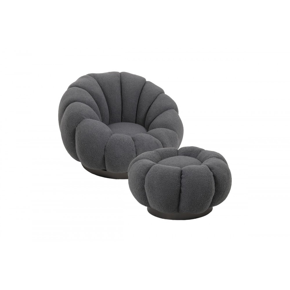 Πολυθρόνα περιστρεφόμενη με σκαμπό "NESTER" από μπουκλέ ύφασμα σε χρώμα γκρι 98x97x69
