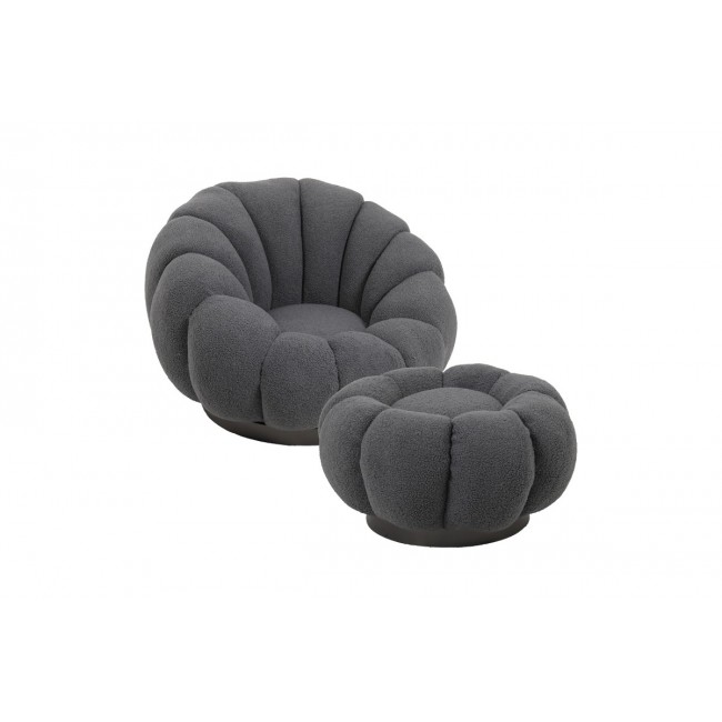 Πολυθρόνα περιστρεφόμενη με σκαμπό "NESTER" από μπουκλέ ύφασμα σε χρώμα γκρι 98x97x69