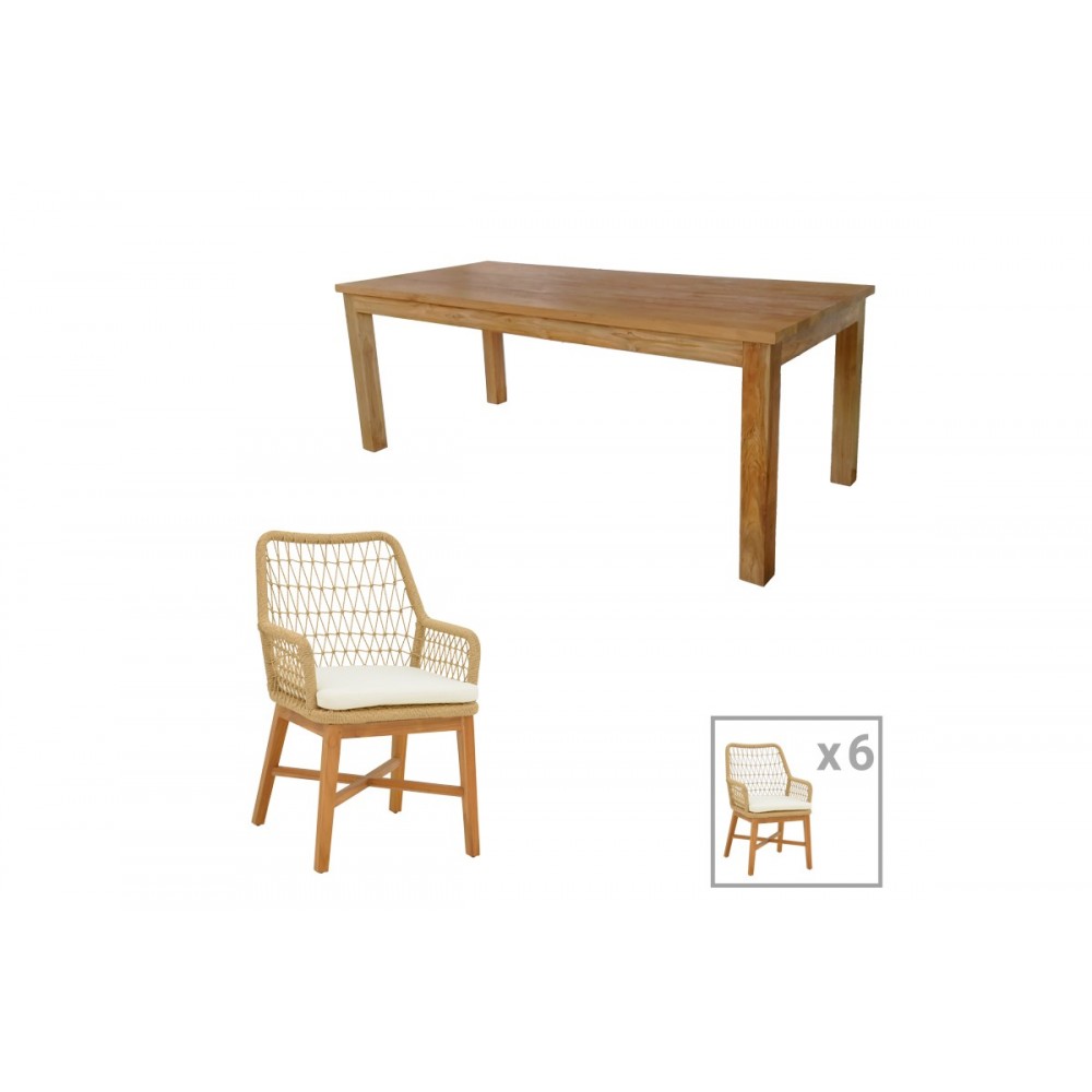 Τραπεζαρία 7τμχ "ELAIZA-WOOLY" από ξύλο/σχοινί σε χρώμα φυσικό/μπεζ 220x90x75