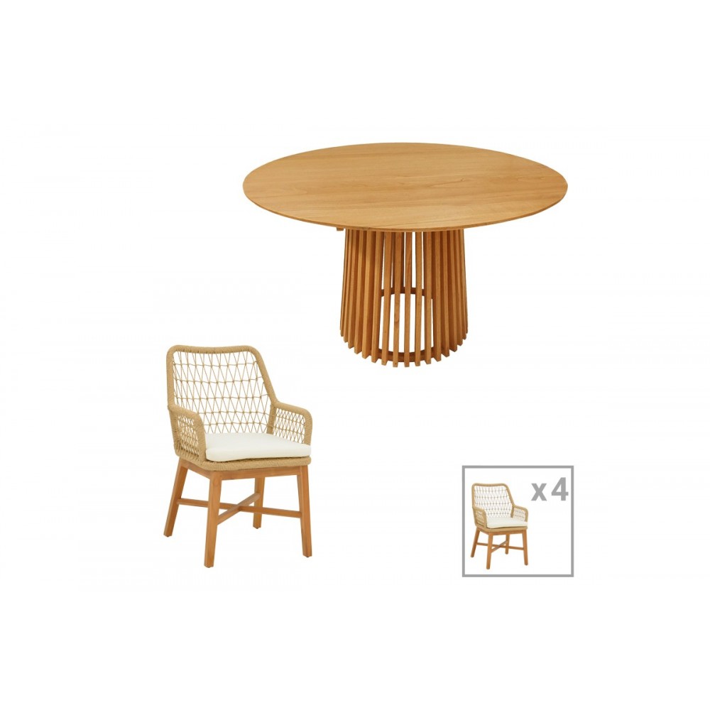 Τραπεζαρία 5τμχ "ELAIZA-KENDA" από ξύλο/σχοινί σε φυσικό/μπεζ χρώμα Φ120x75