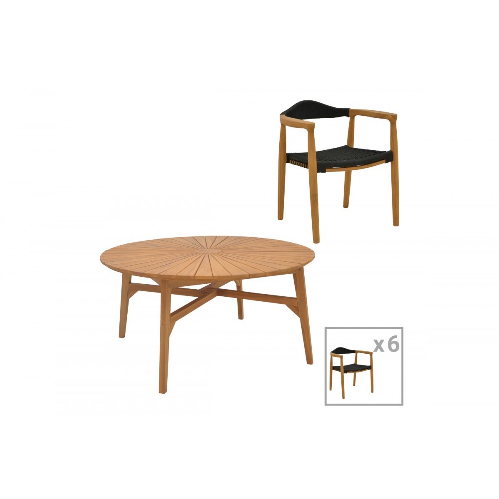 Τραπεζαρία 7τμχ "GANNY-COLEN" από ξύλο/σχοινί σε χρώμα φυσικό/μαύρο Φ150x75