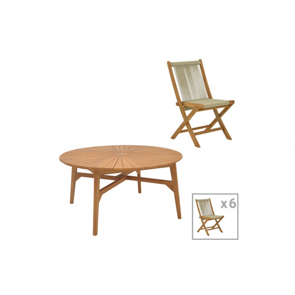 Τραπεζαρία 7τμχ "BANOU-COLEN" από ξύλο/σχοινί σε χρώμα φυσικό Φ150x75